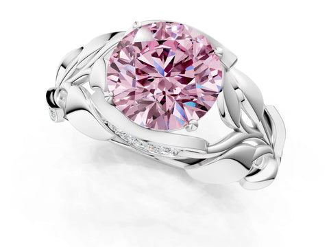 White gold Fancy Pink Round Cut Solitaire Leaf-Inspired Engagement Ring with Prong Setting_1