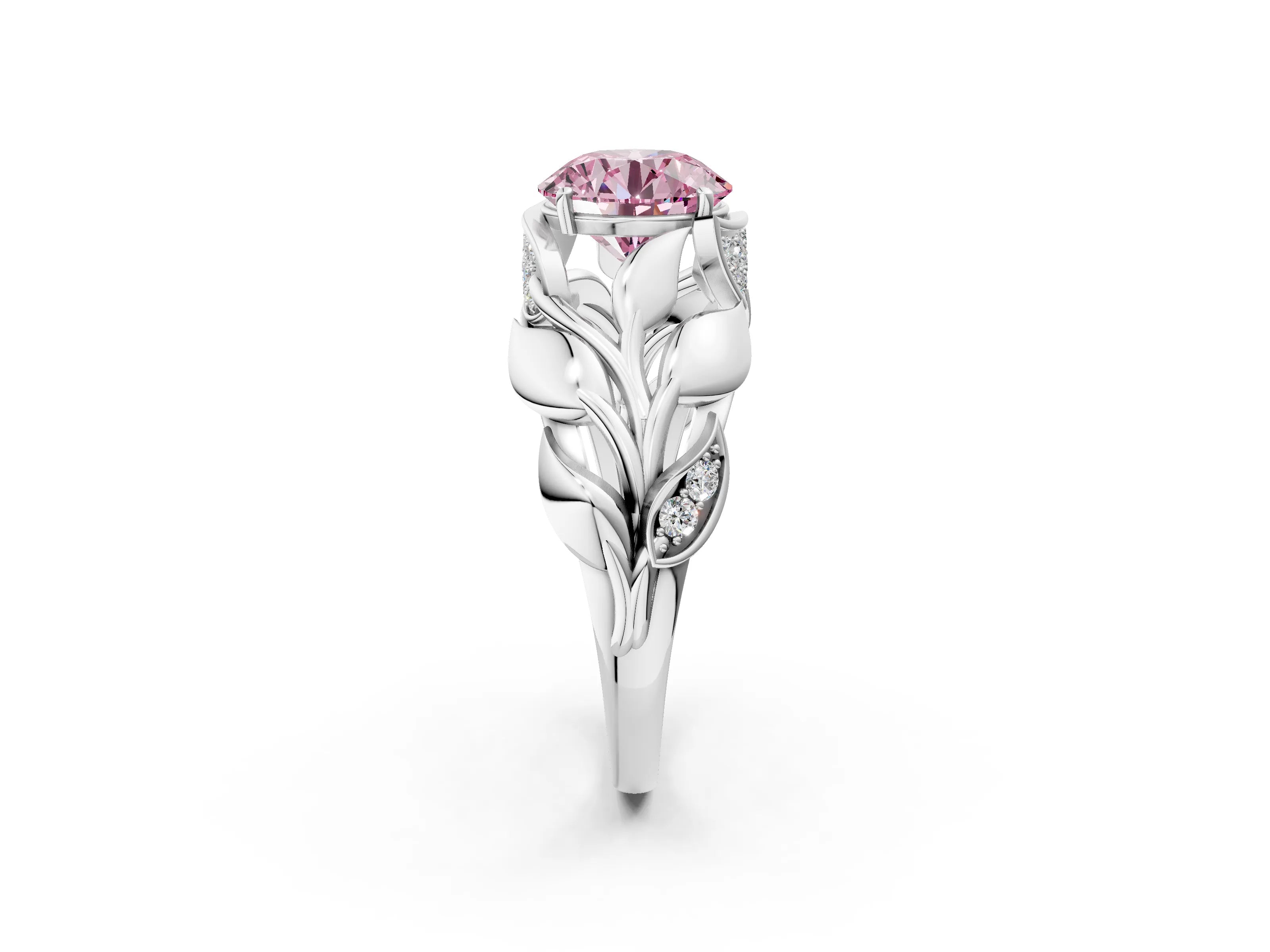 White gold Fancy Pink Round Cut Solitaire Leaf-Inspired Engagement Ring with Prong Setting_2