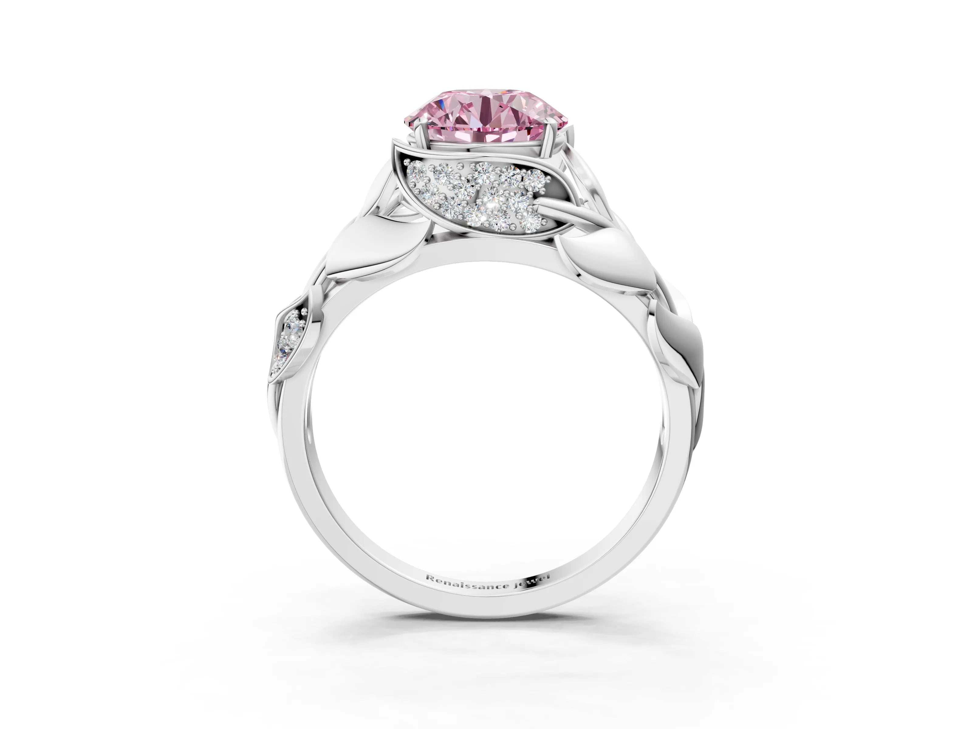 White gold Fancy Pink Round Cut Solitaire Leaf-Inspired Engagement Ring with Prong Setting_3