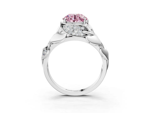White gold Fancy Pink Round Cut Solitaire Leaf-Inspired Engagement Ring with Prong Setting_3