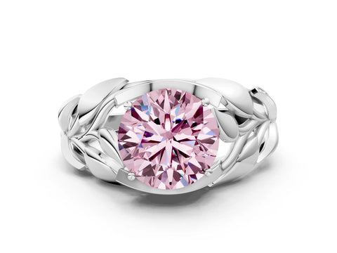 White gold Fancy Pink Round Cut Solitaire Leaf-Inspired Engagement Ring with Prong Setting