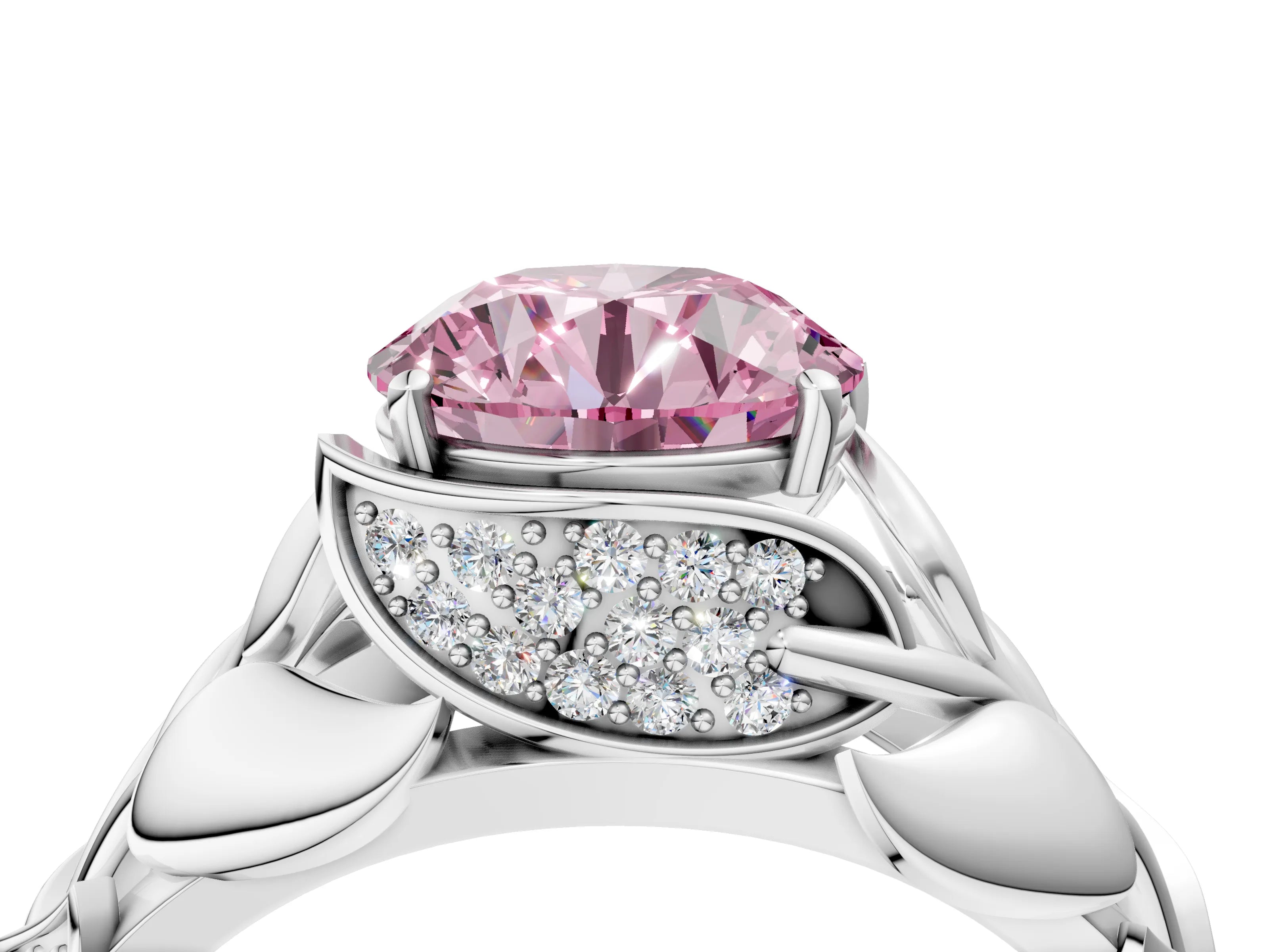 White gold Fancy Pink Round Cut Solitaire Leaf-Inspired Engagement Ring with Prong Setting_4