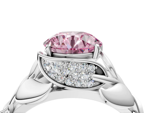 White gold Fancy Pink Round Cut Solitaire Leaf-Inspired Engagement Ring with Prong Setting_4