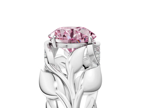 White gold Fancy Pink Round Cut Solitaire Leaf-Inspired Engagement Ring with Prong Setting_5
