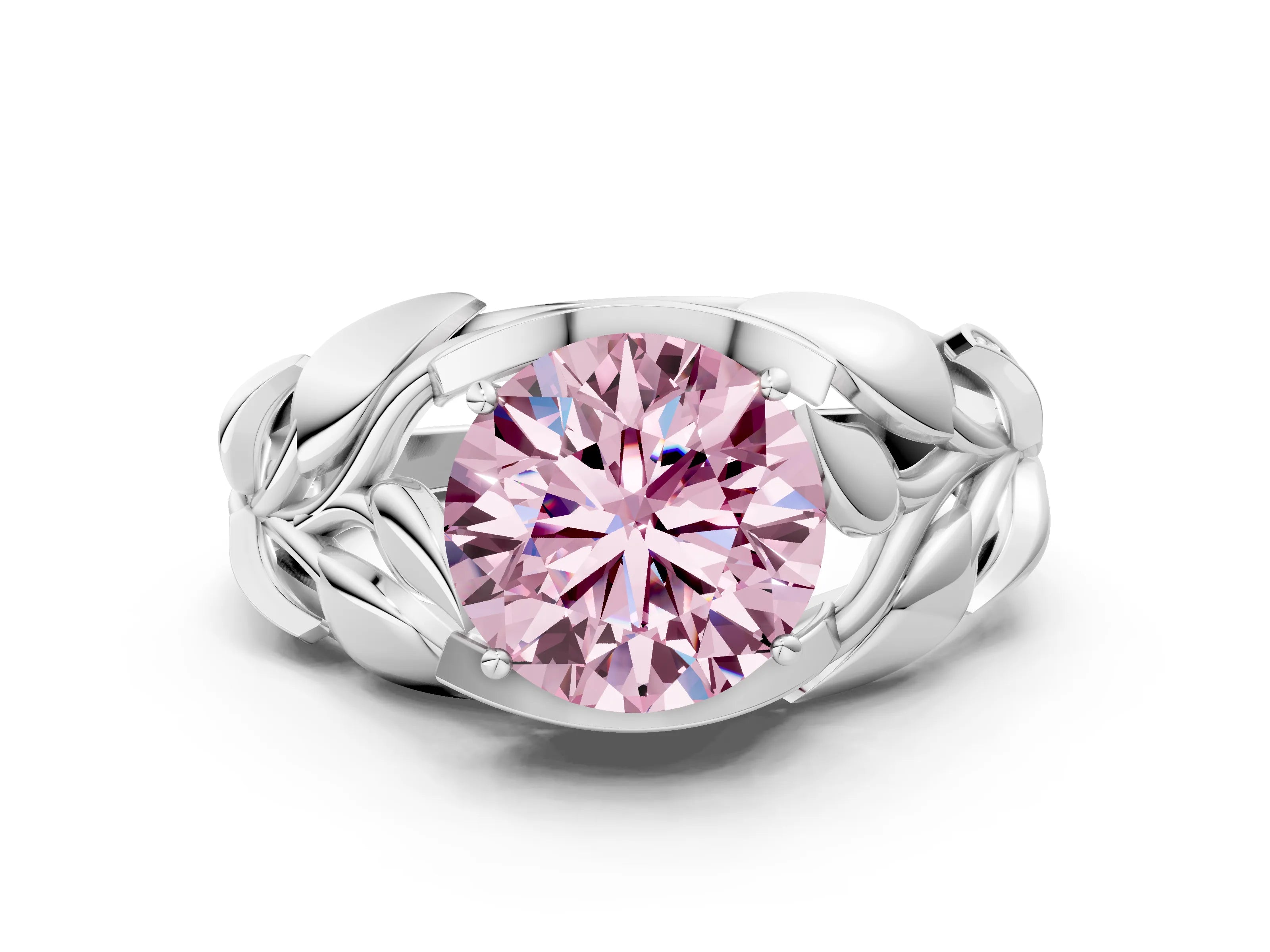 White gold Fancy Pink Round Cut Solitaire Leaf-Inspired Engagement Ring with Prong Setting
