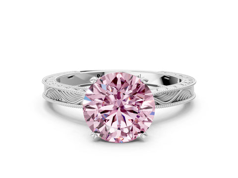 White gold Fancy Pink Round Cut Solitaire Milgrain Engraved Band with Four-Prong Setting_12