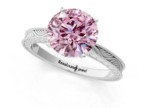 White gold Fancy Pink Round Cut Solitaire Milgrain Engraved Band with Four-Prong Setting_13