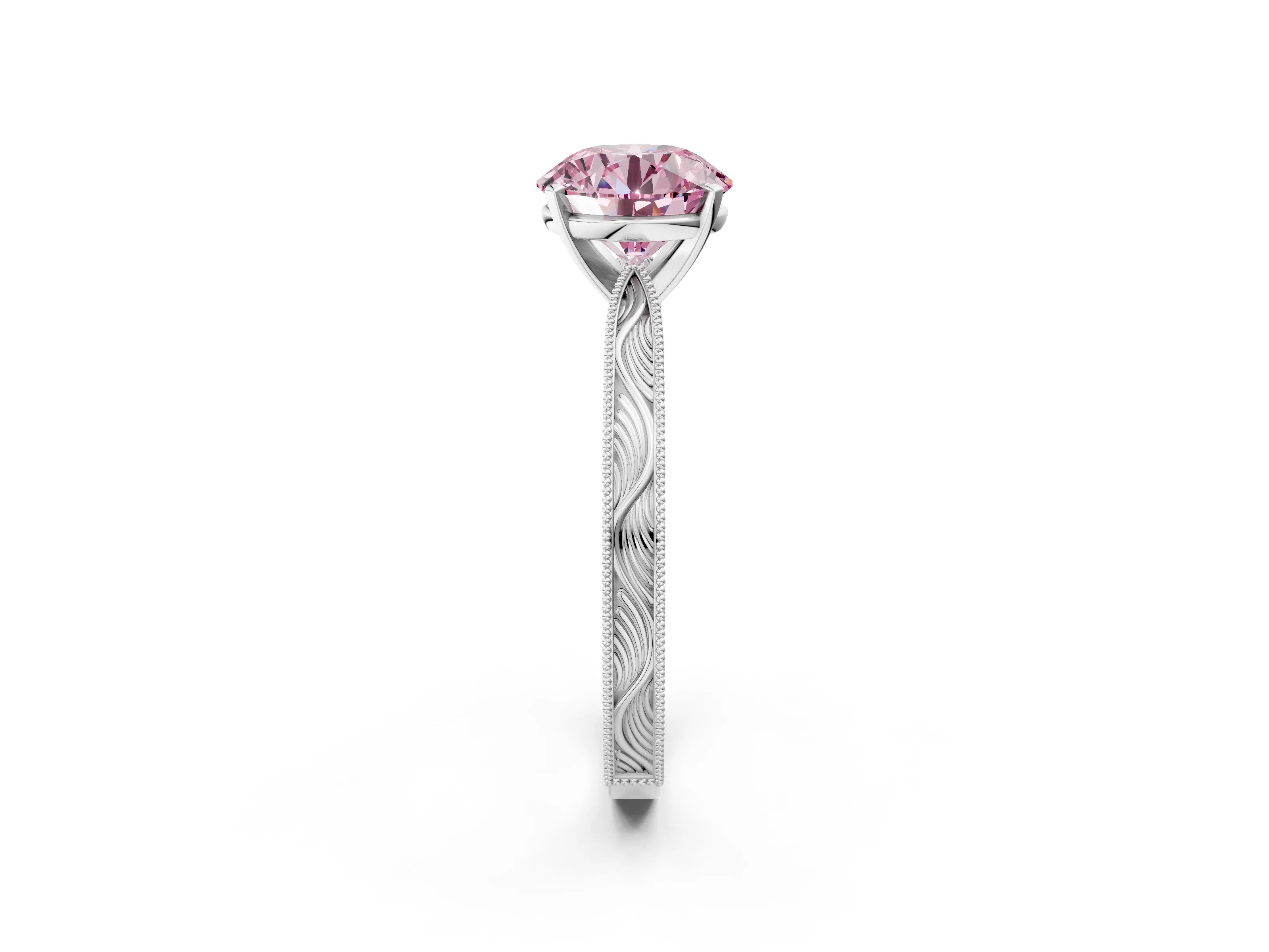 White gold Fancy Pink Round Cut Solitaire Milgrain Engraved Band with Four-Prong Setting_14