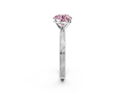 White gold Fancy Pink Round Cut Solitaire Milgrain Engraved Band with Four-Prong Setting_14