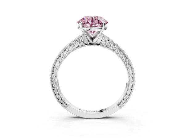 Platinum Round Solitaire Engagement Ring Setting for Fancy Pink Center with Engraved Band
