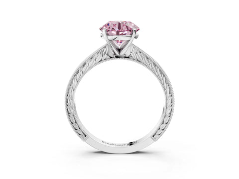 White gold Fancy Pink Round Cut Solitaire Milgrain Engraved Band with Four-Prong Setting_15