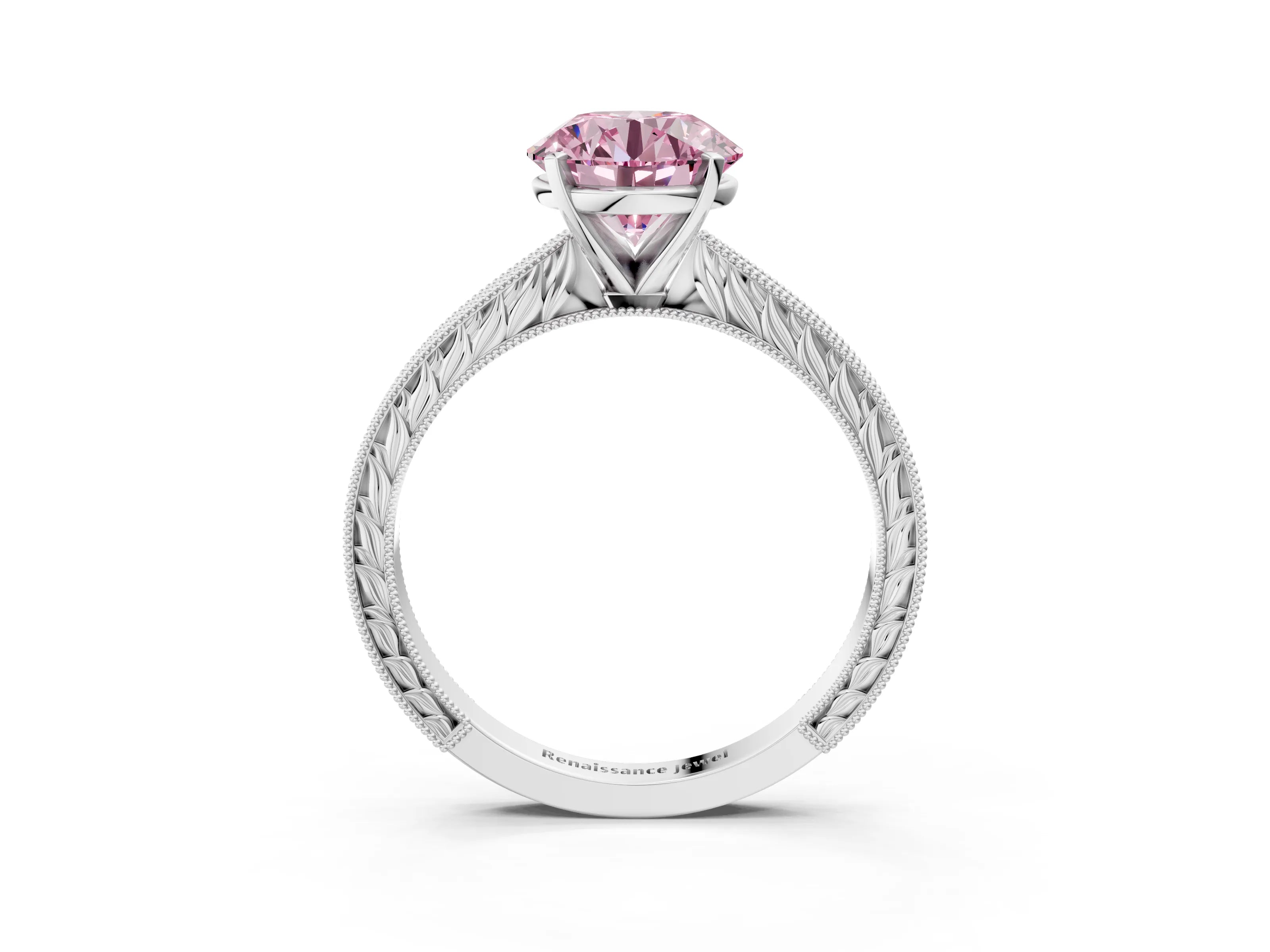 White gold Fancy Pink Round Cut Solitaire Milgrain Engraved Band with Four-Prong Setting_15