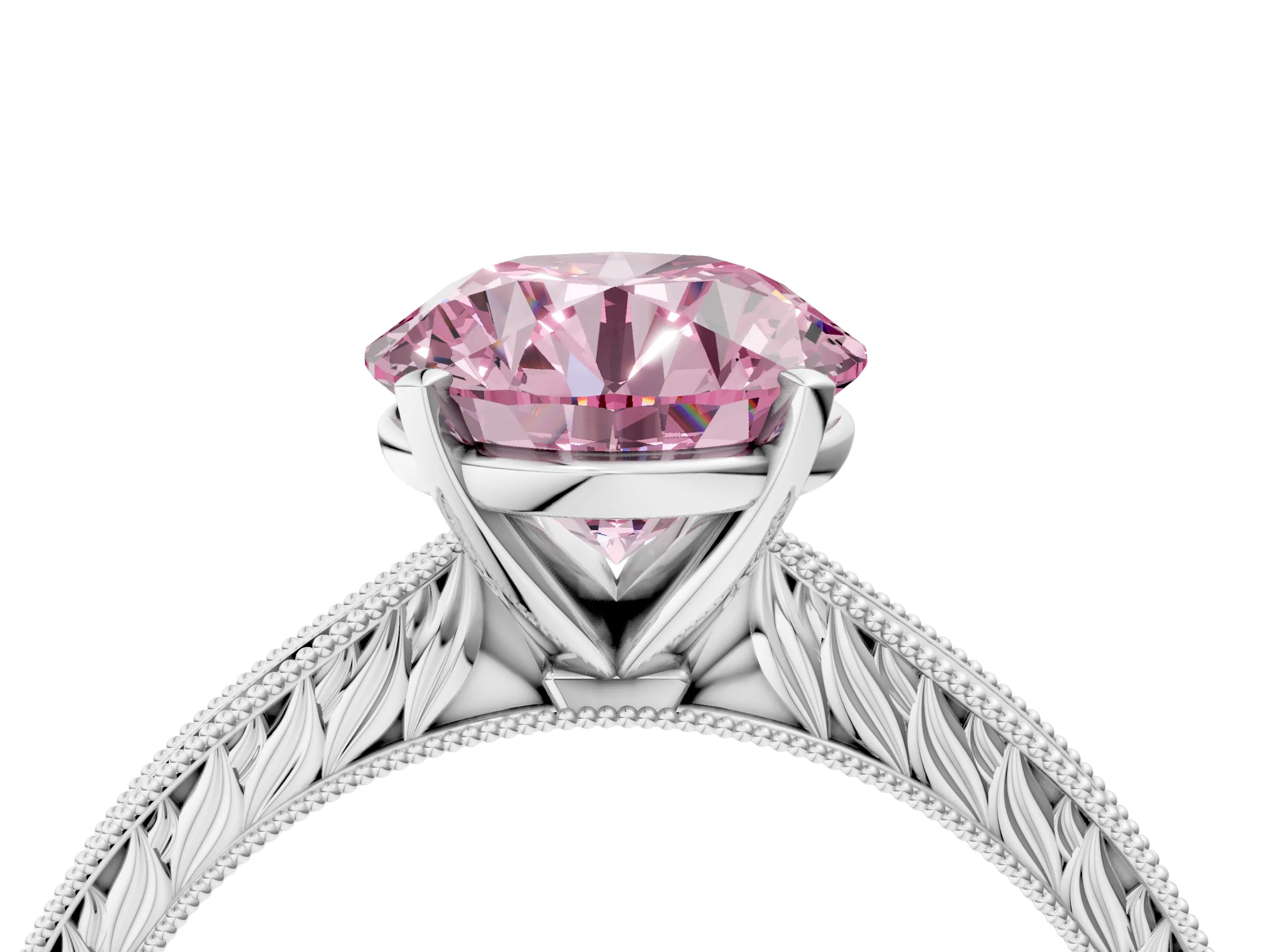 White gold Fancy Pink Round Cut Solitaire Milgrain Engraved Band with Four-Prong Setting_16