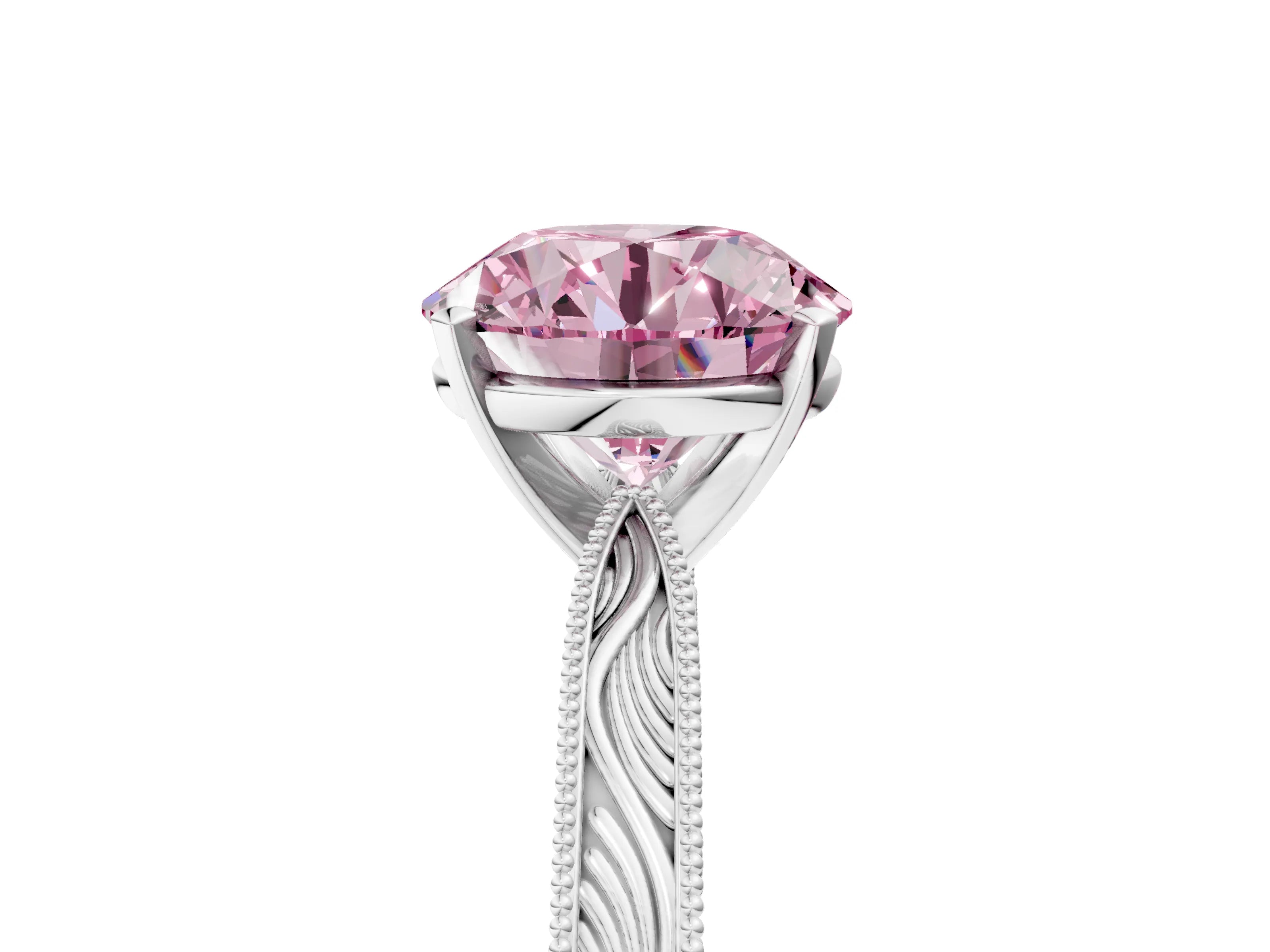 White gold Fancy Pink Round Cut Solitaire Milgrain Engraved Band with Four-Prong Setting_17