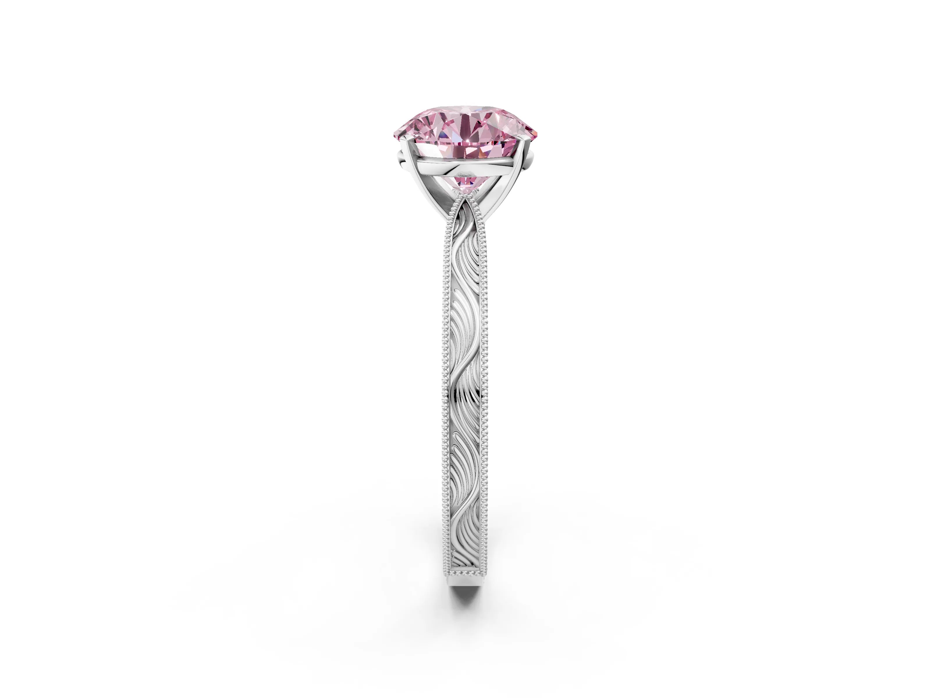 White gold Fancy Pink Round Cut Solitaire Milgrain Engraved Band with Four-Prong Setting_2