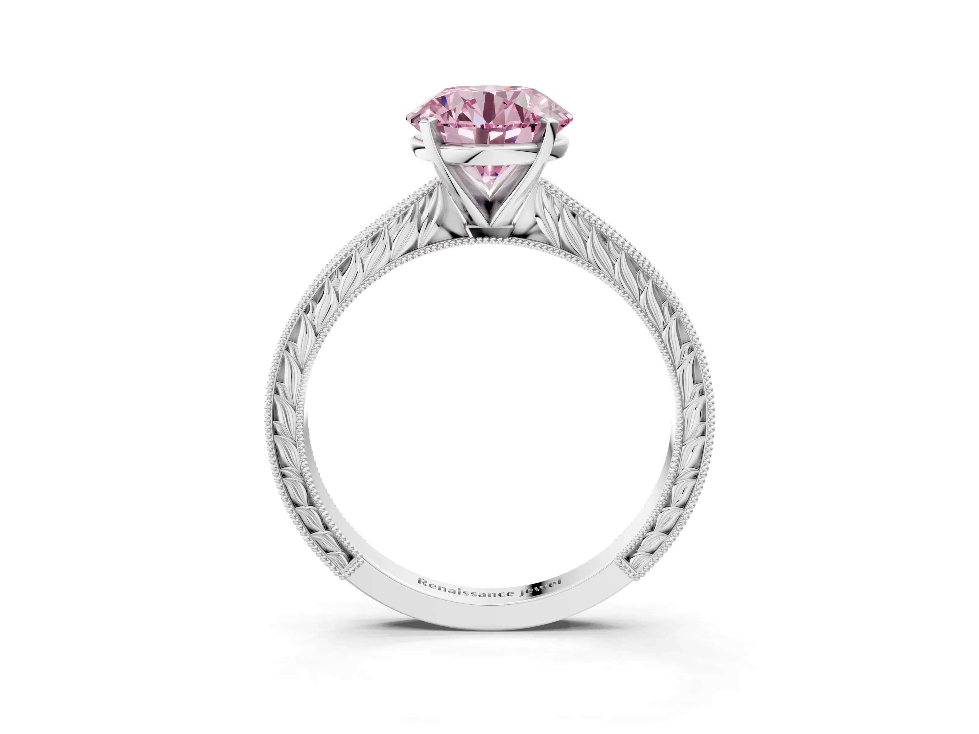 White gold Fancy Pink Round Cut Solitaire Milgrain Engraved Band with Four-Prong Setting_3