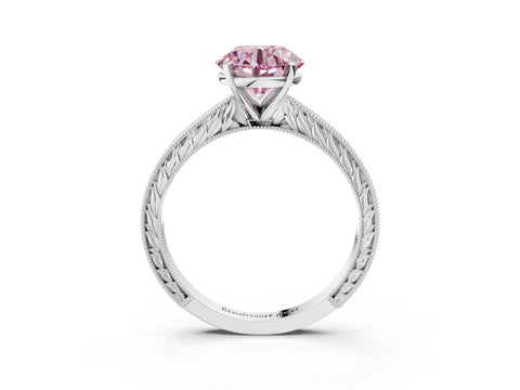 White gold Fancy Pink Round Cut Solitaire Milgrain Engraved Band with Four-Prong Setting_3