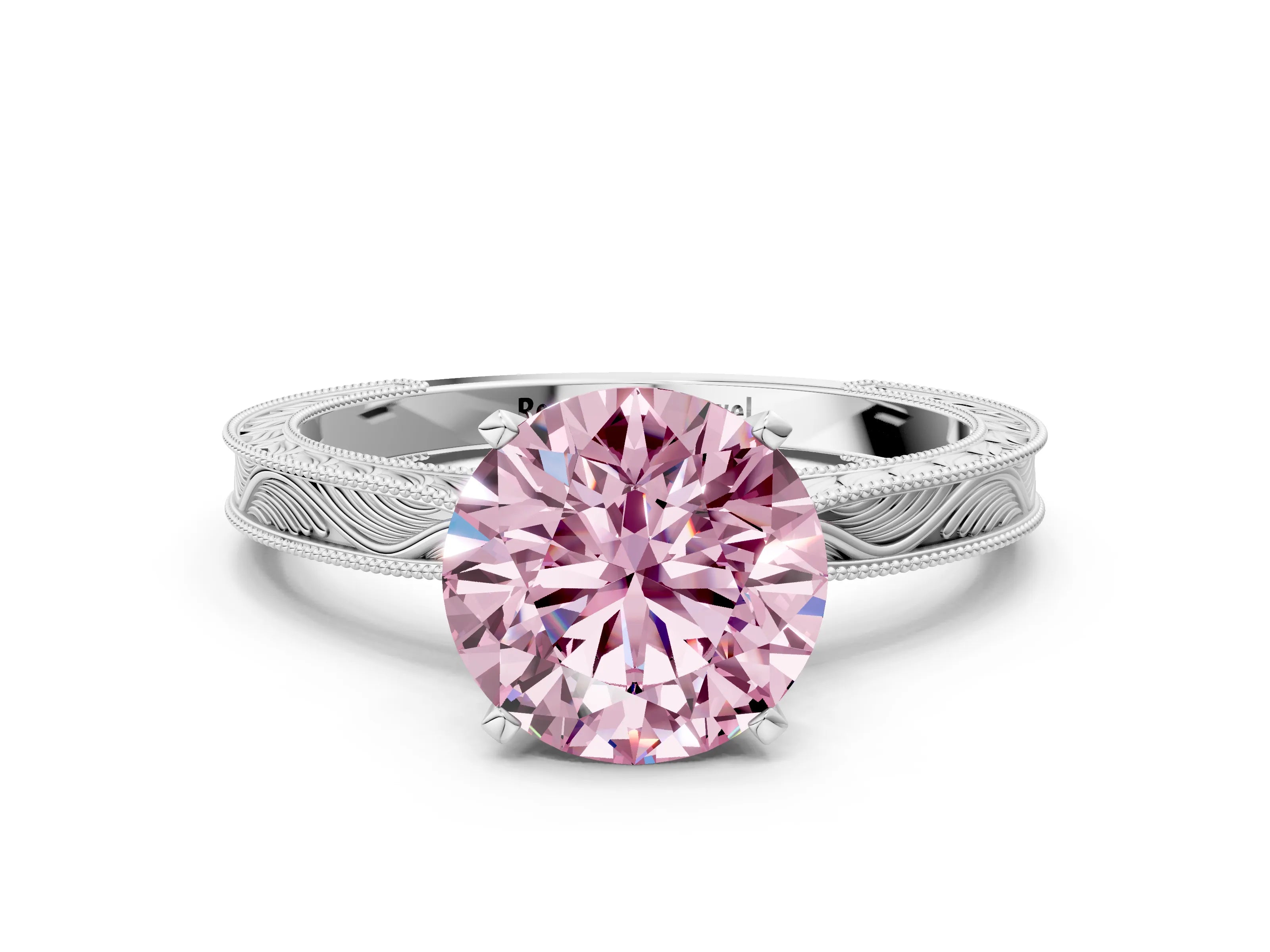 White gold Fancy Pink Round Cut Solitaire Milgrain Engraved Band with Four-Prong Setting