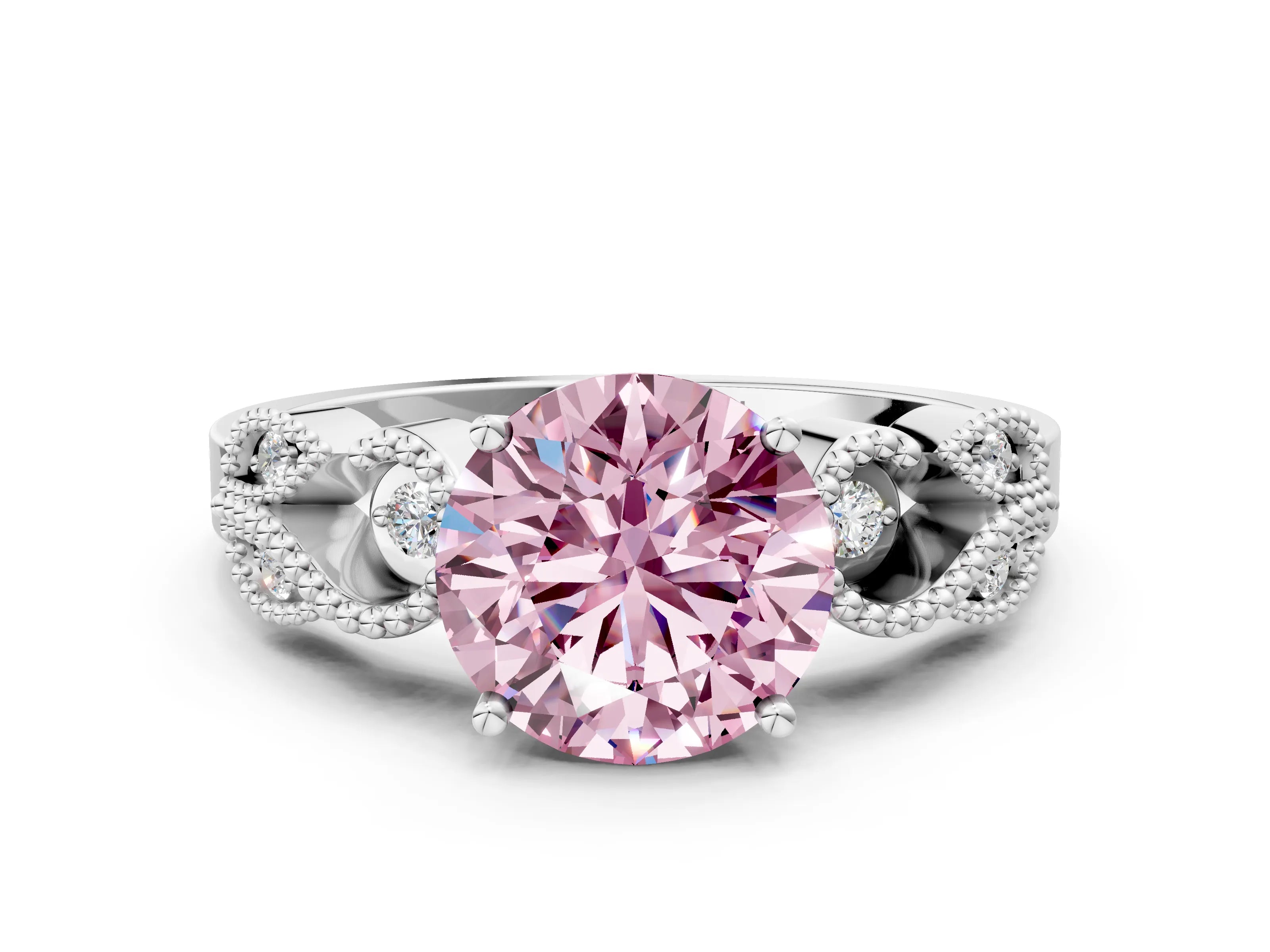 White gold Fancy Pink Round Cut Solitaire Milgrain Leaf Band with Prong Setting_12