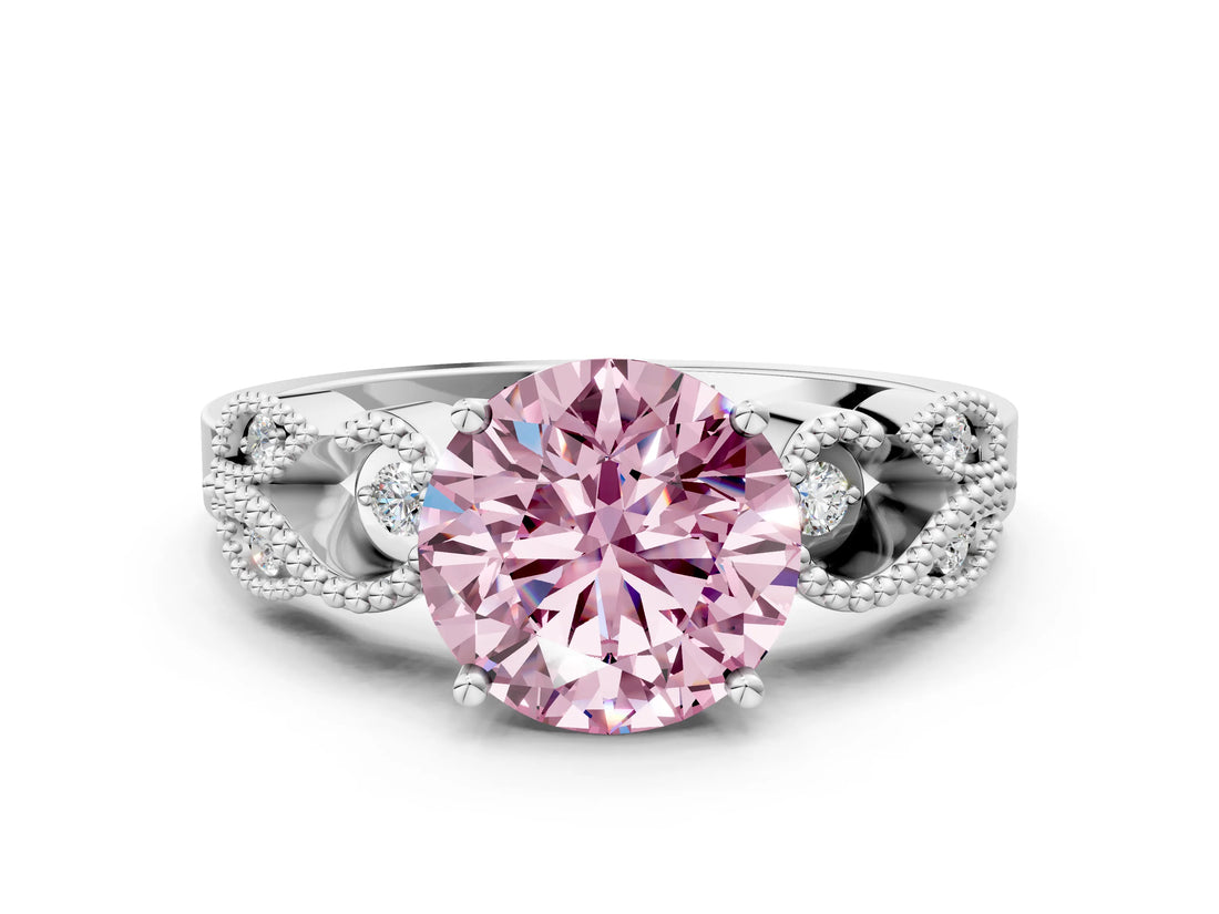 White gold Fancy Pink Round Cut Solitaire Milgrain Leaf Band with Prong Setting_12
