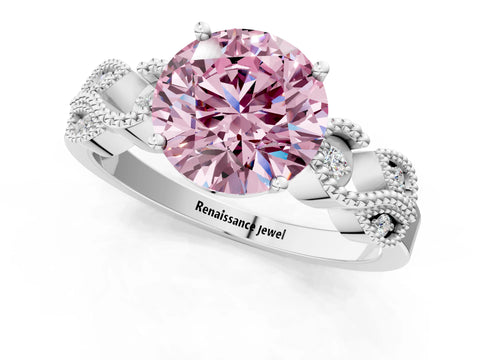 White gold Fancy Pink Round Cut Solitaire Milgrain Leaf Band with Prong Setting_13