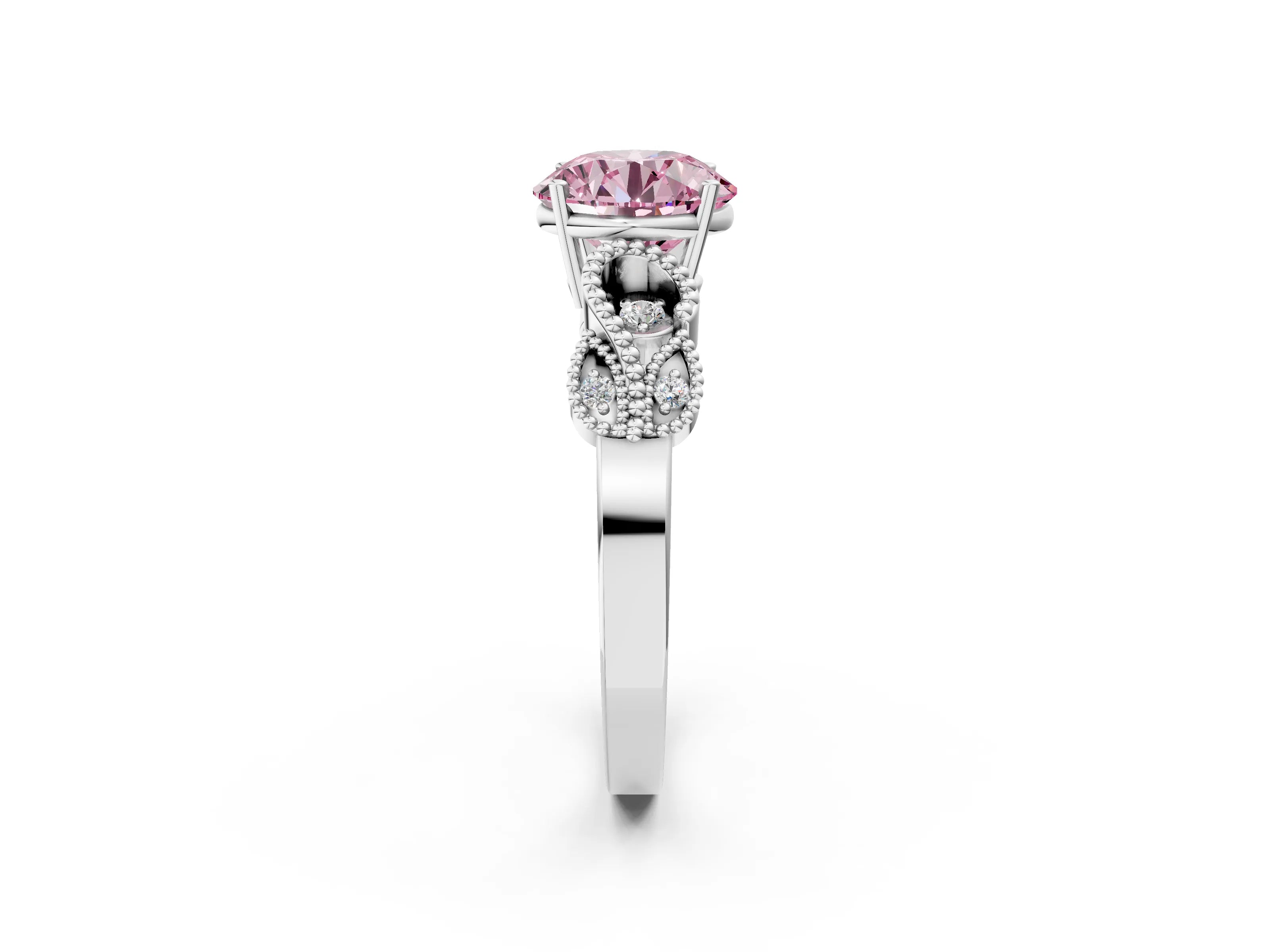 White gold Fancy Pink Round Cut Solitaire Milgrain Leaf Band with Prong Setting_14