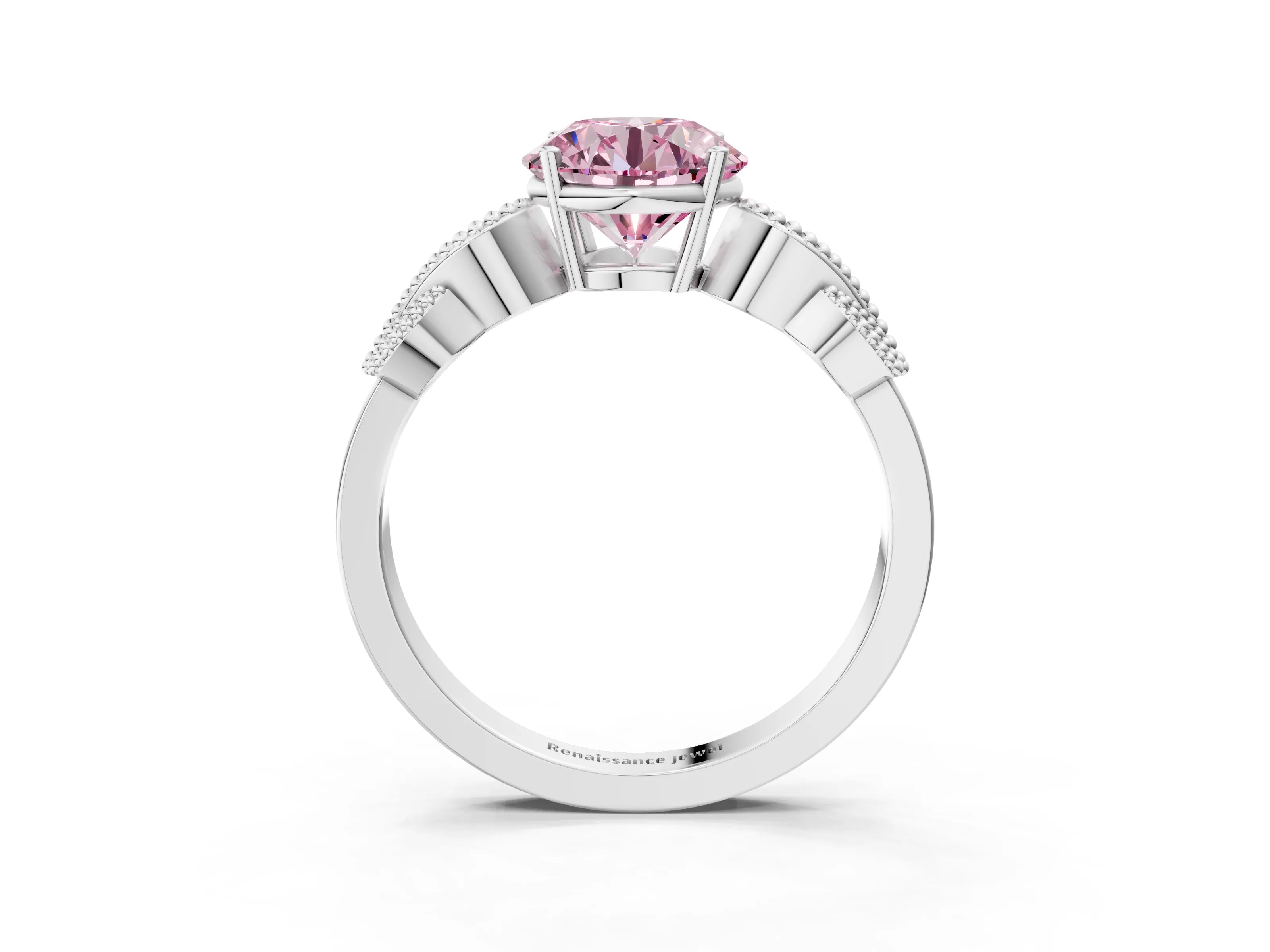White gold Fancy Pink Round Cut Solitaire Milgrain Leaf Band with Prong Setting_15