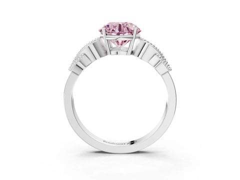 White gold Fancy Pink Round Cut Solitaire Milgrain Leaf Band with Prong Setting_15