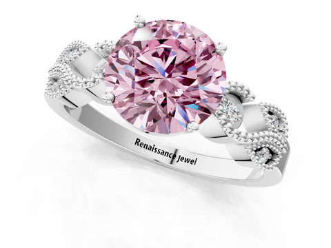 White gold Fancy Pink Round Cut Solitaire Milgrain Leaf Band with Prong Setting_1