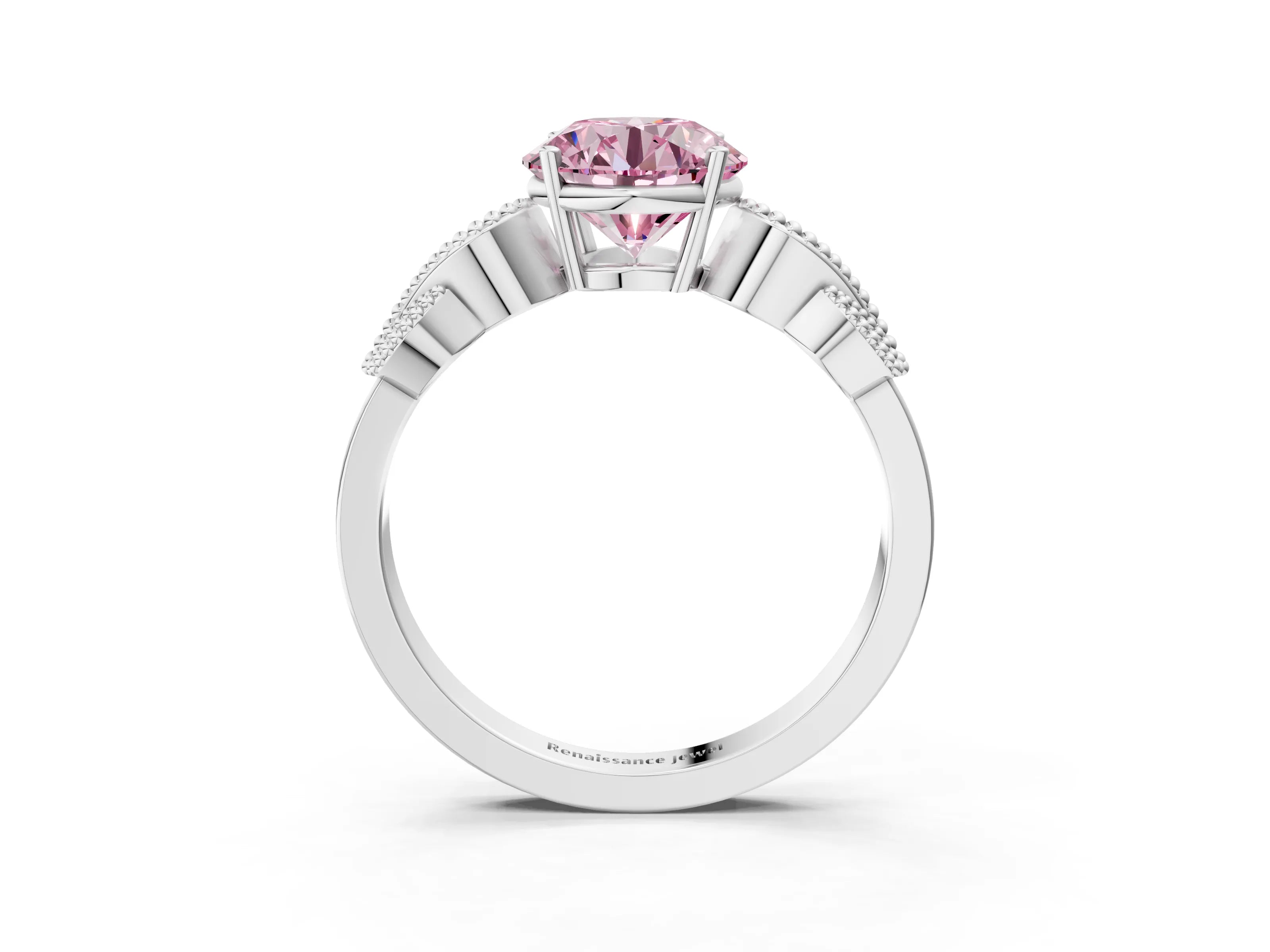 White gold Fancy Pink Round Cut Solitaire Milgrain Leaf Band with Prong Setting_3
