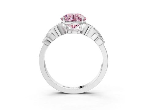 White gold Fancy Pink Round Cut Solitaire Milgrain Leaf Band with Prong Setting_3