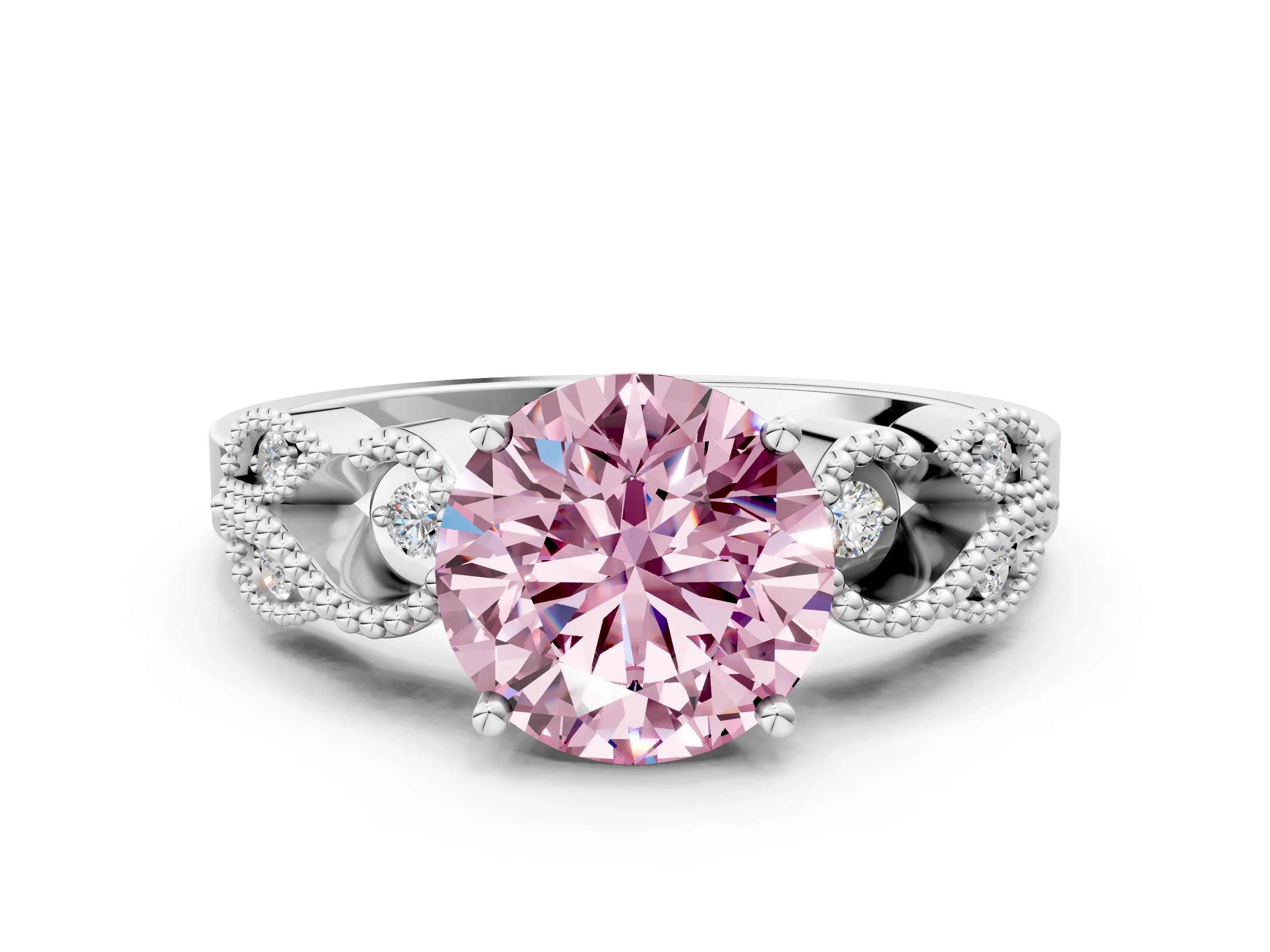 White gold Fancy Pink Round Cut Solitaire Milgrain Leaf Band with Prong Setting
