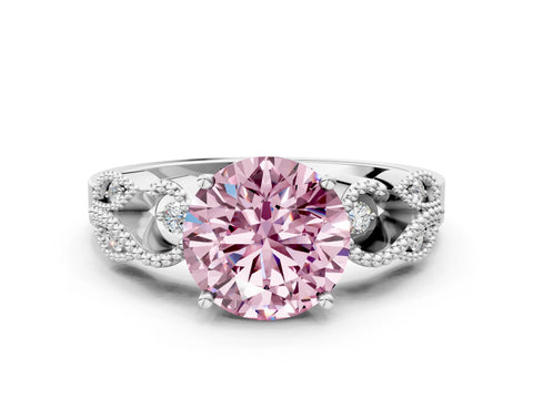 White gold Fancy Pink Round Cut Solitaire Milgrain Leaf Band with Prong Setting