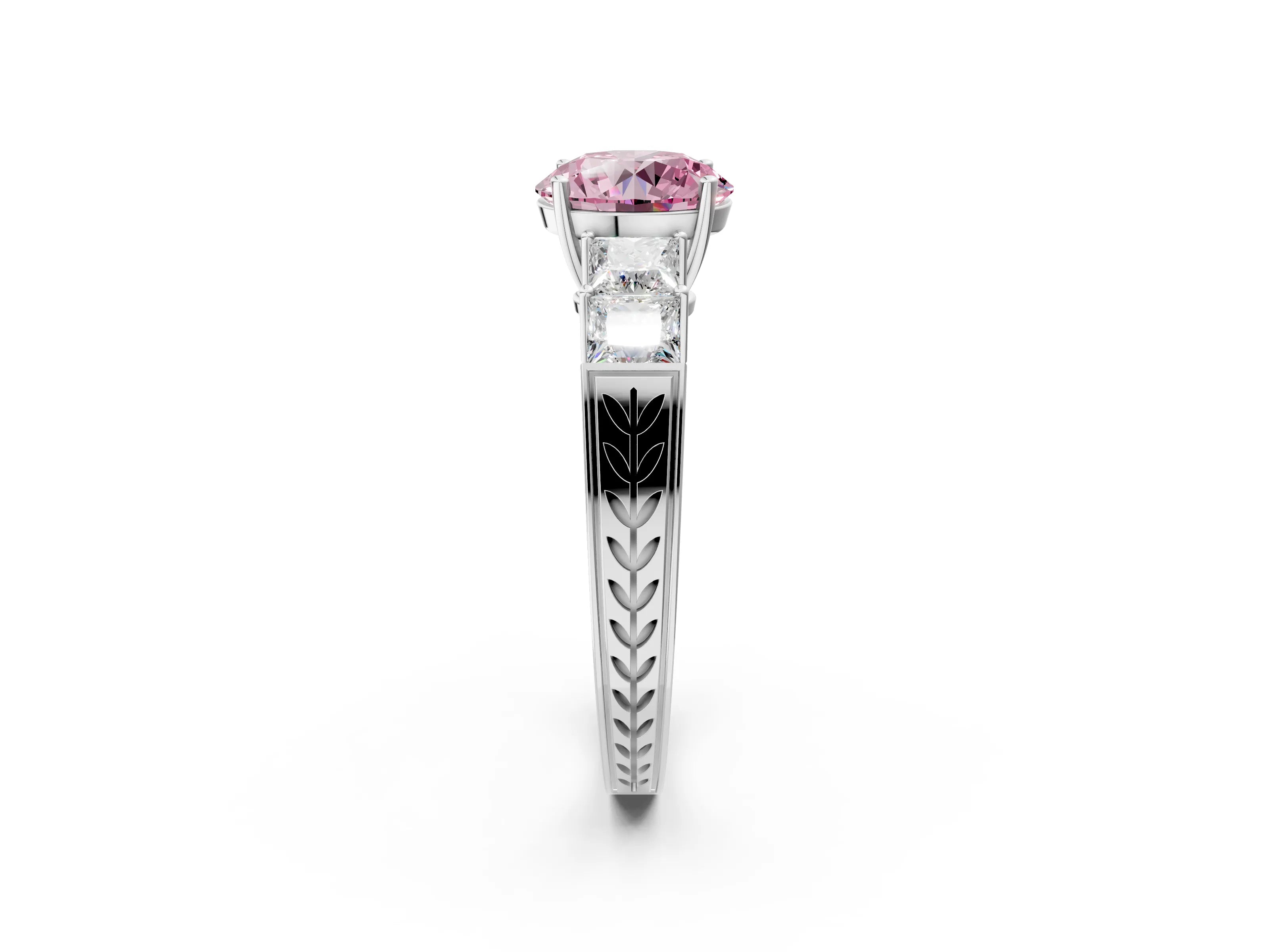 White gold Fancy Pink Round Cut Solitaire Princess Side Stone Engraved Band Prong Setting Ring_2