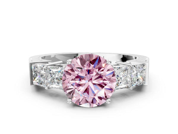 Platinum Fancy Pink Round Cut Solitaire Princess Side Stone Engraved Band Prong Setting Ring