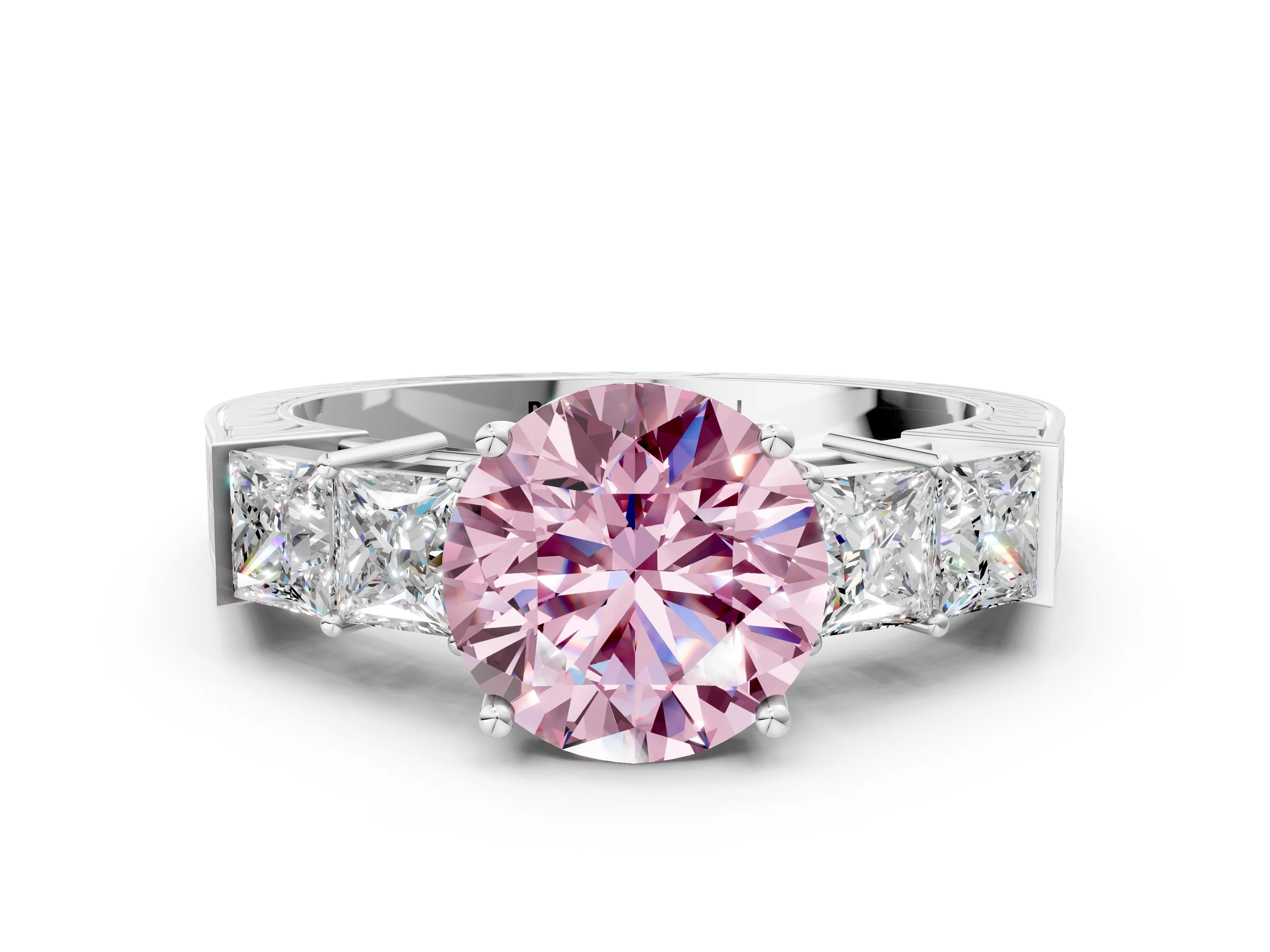White gold Fancy Pink Round Cut Solitaire Princess Side Stone Engraved Band Prong Setting Ring_36