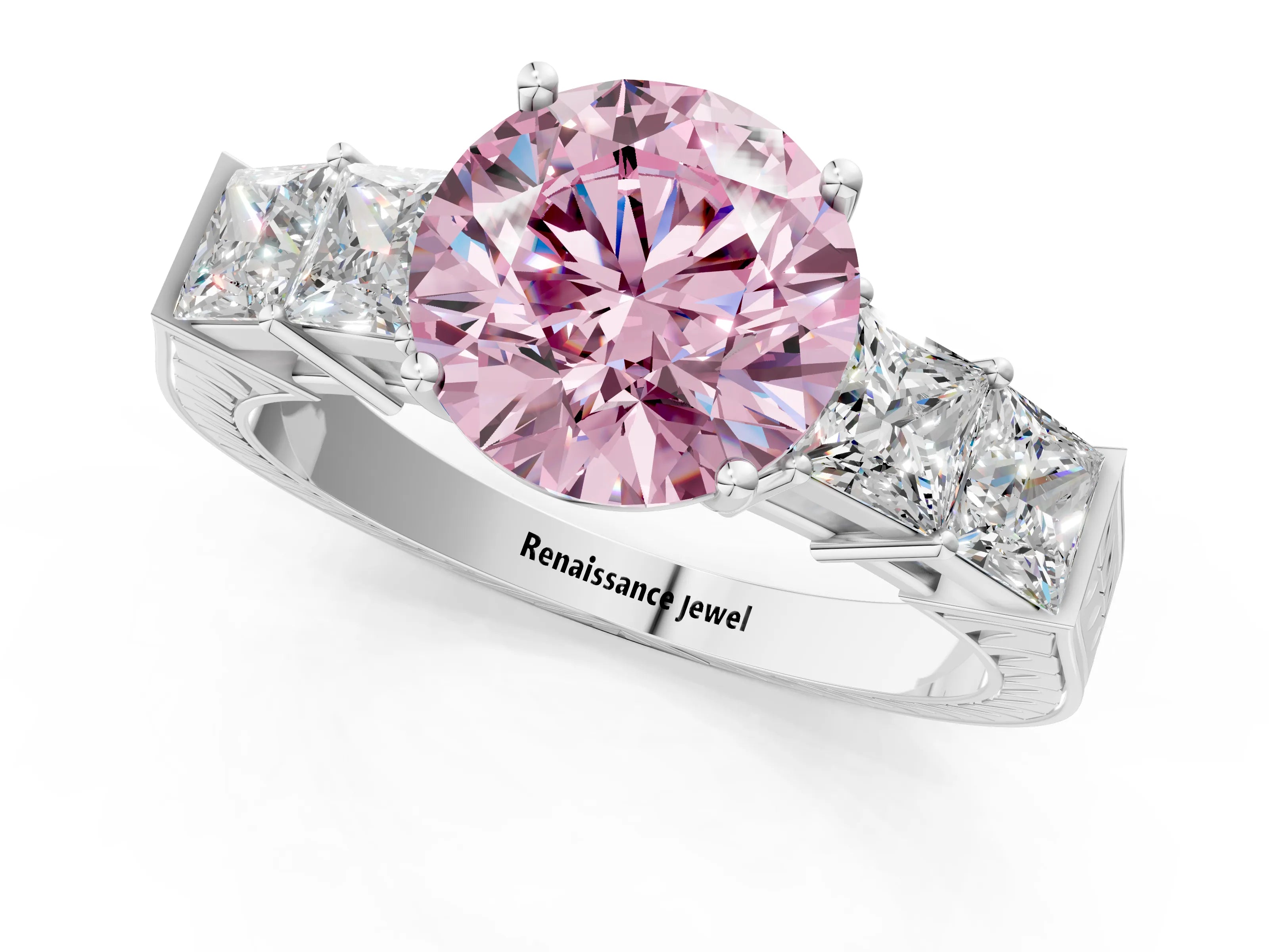 White gold Fancy Pink Round Cut Solitaire Princess Side Stone Engraved Band Prong Setting Ring_37
