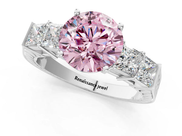 Platinum Fancy Pink Round Cut Solitaire Princess Side Stone Engraved Band Prong Setting Ring