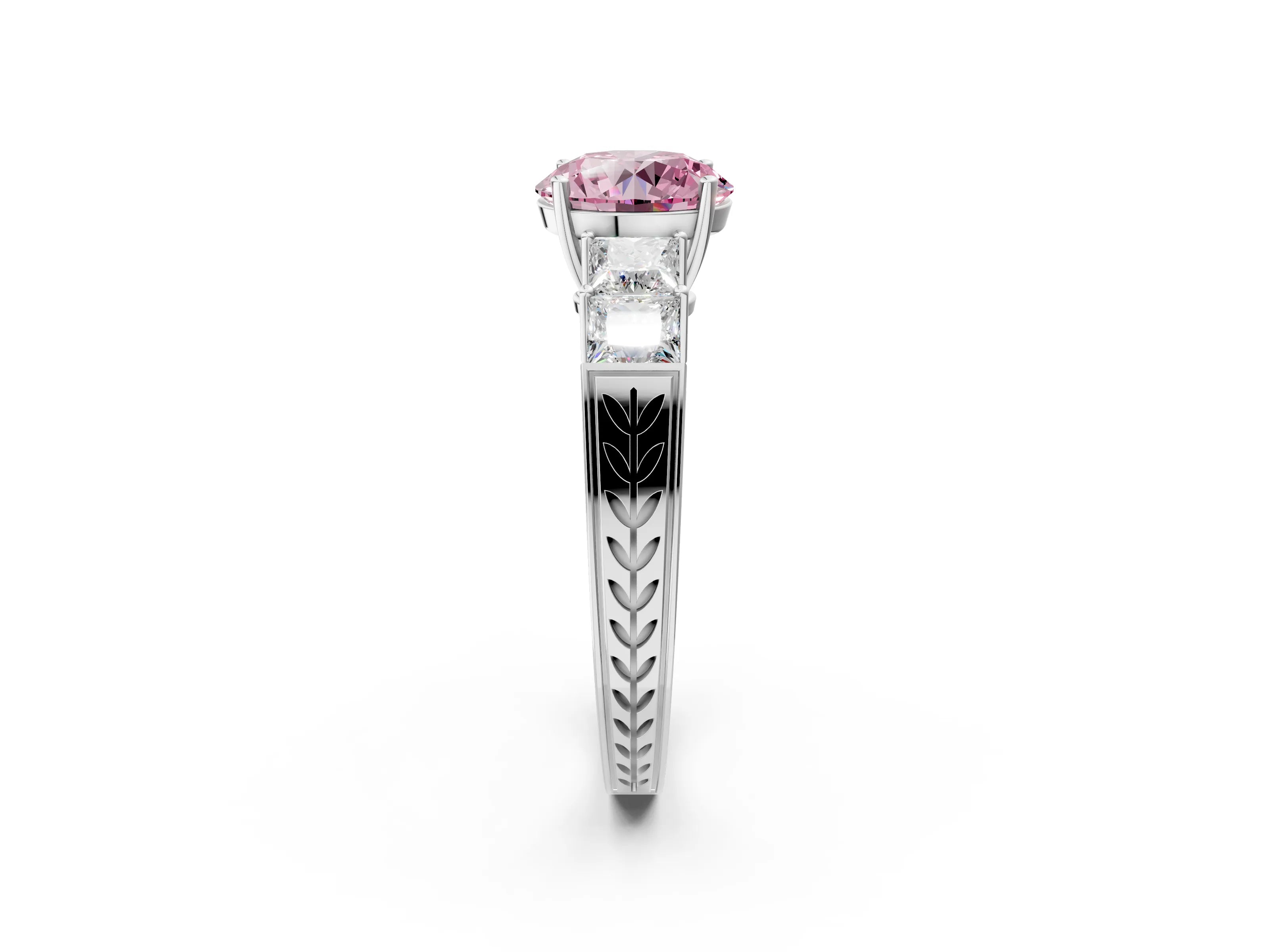 White gold Fancy Pink Round Cut Solitaire Princess Side Stone Engraved Band Prong Setting Ring_38