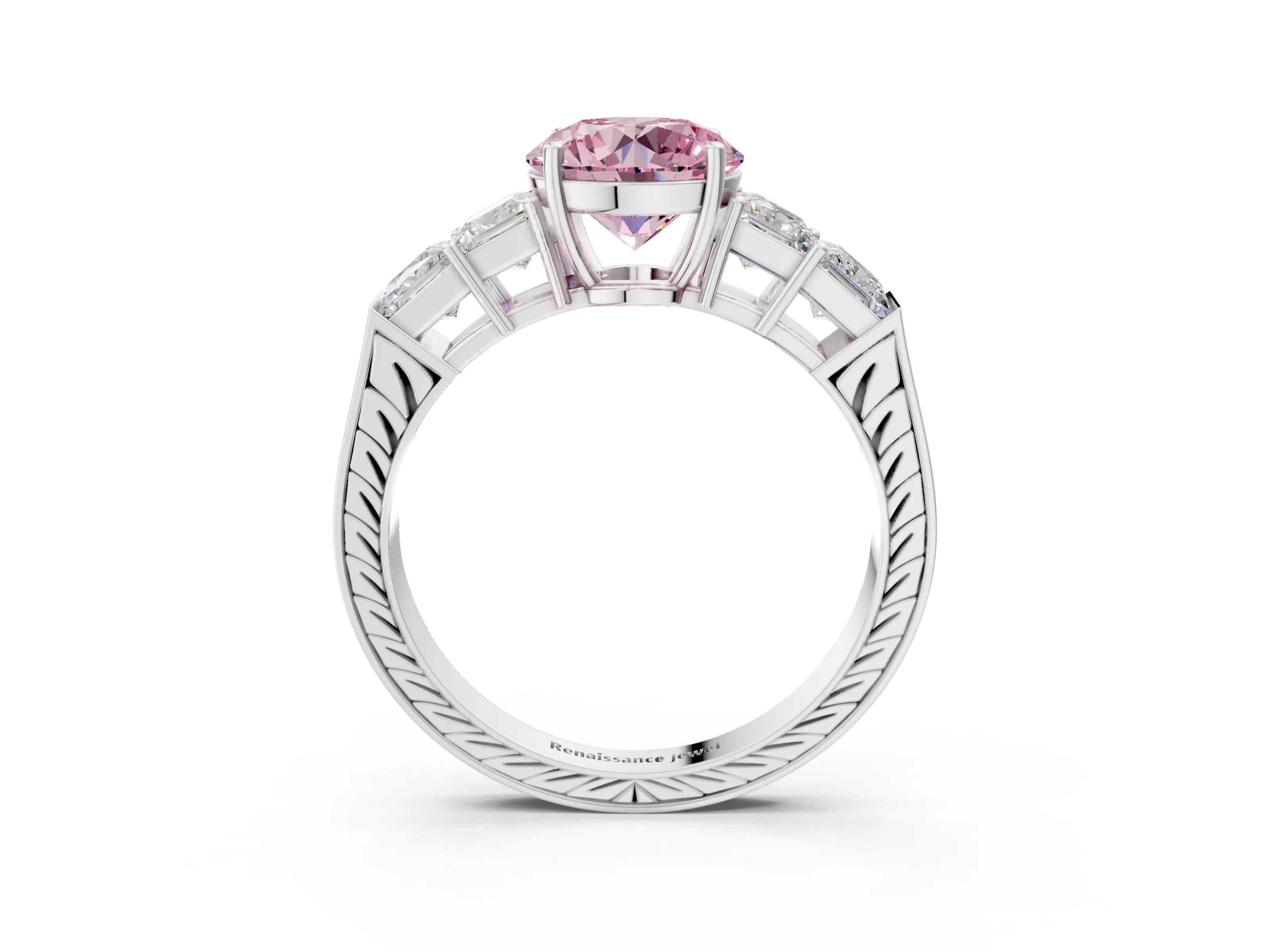 White gold Fancy Pink Round Cut Solitaire Princess Side Stone Engraved Band Prong Setting Ring_39