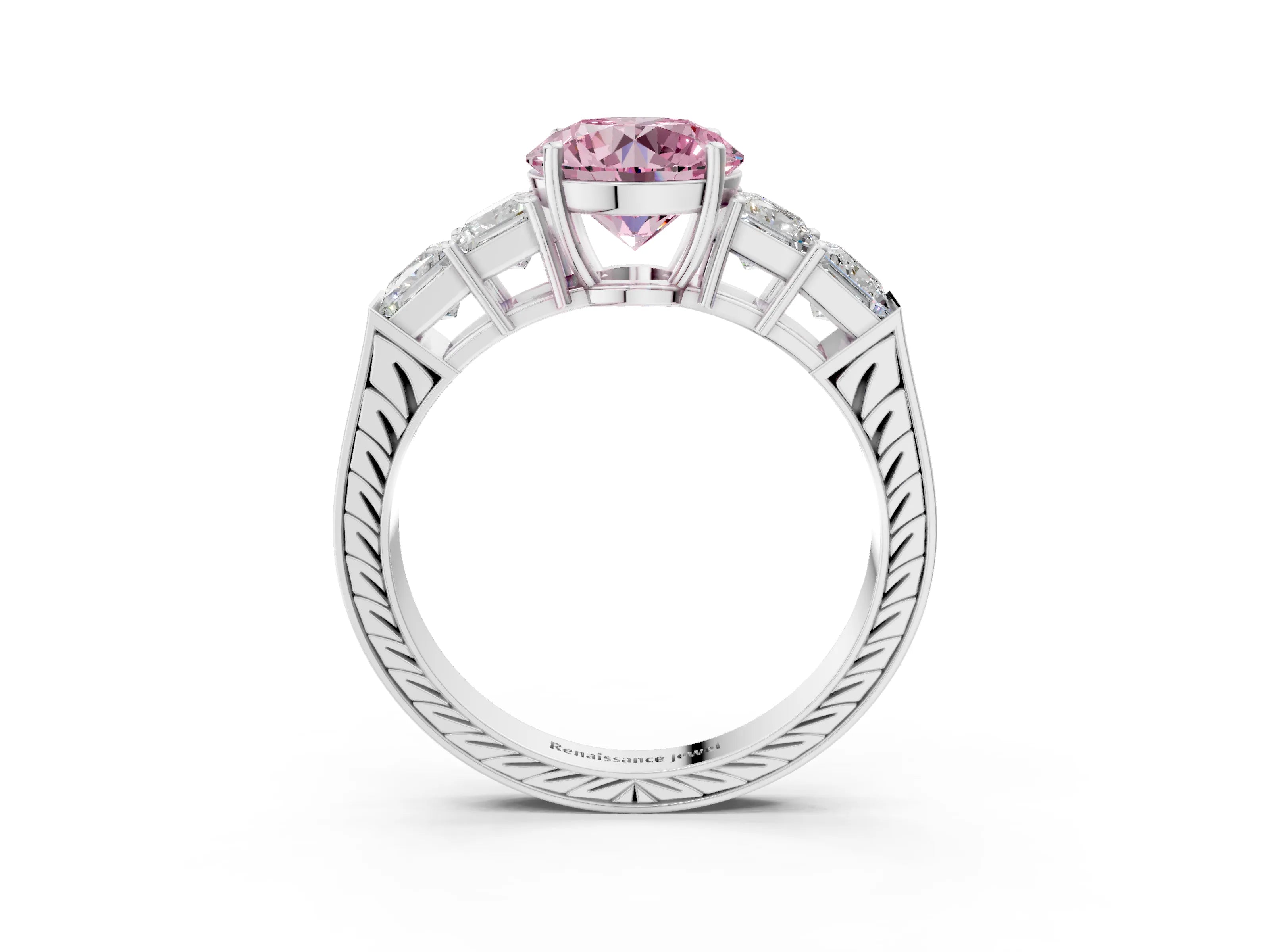 White gold Fancy Pink Round Cut Solitaire Princess Side Stone Engraved Band Prong Setting Ring_3