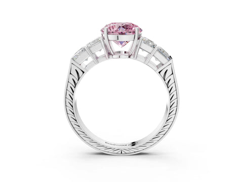 White gold Fancy Pink Round Cut Solitaire Princess Side Stone Engraved Band Prong Setting Ring_3