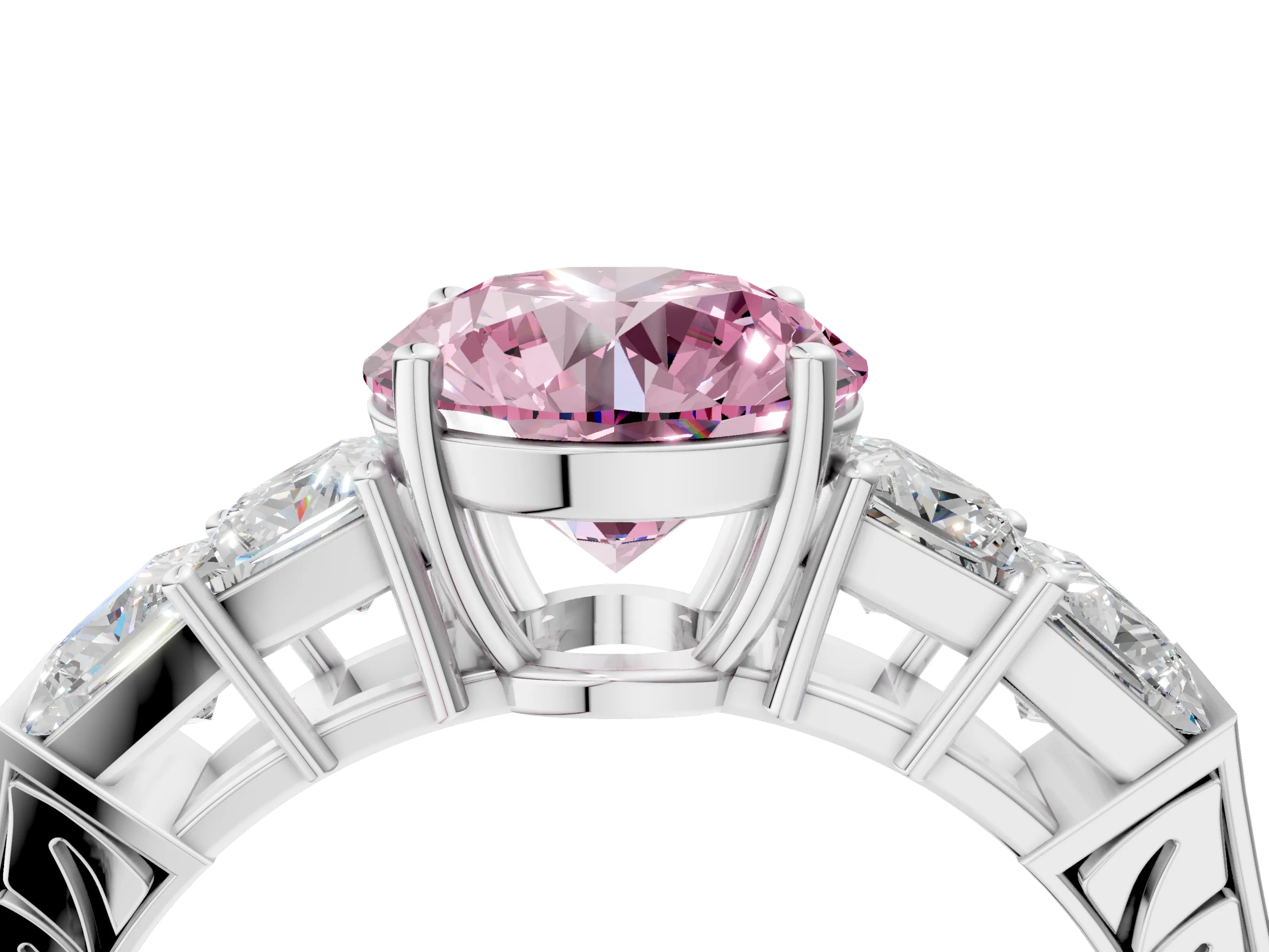 White gold Fancy Pink Round Cut Solitaire Princess Side Stone Engraved Band Prong Setting Ring_40