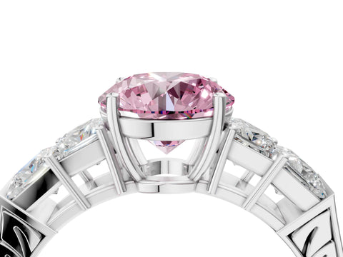White gold Fancy Pink Round Cut Solitaire Princess Side Stone Engraved Band Prong Setting Ring_40