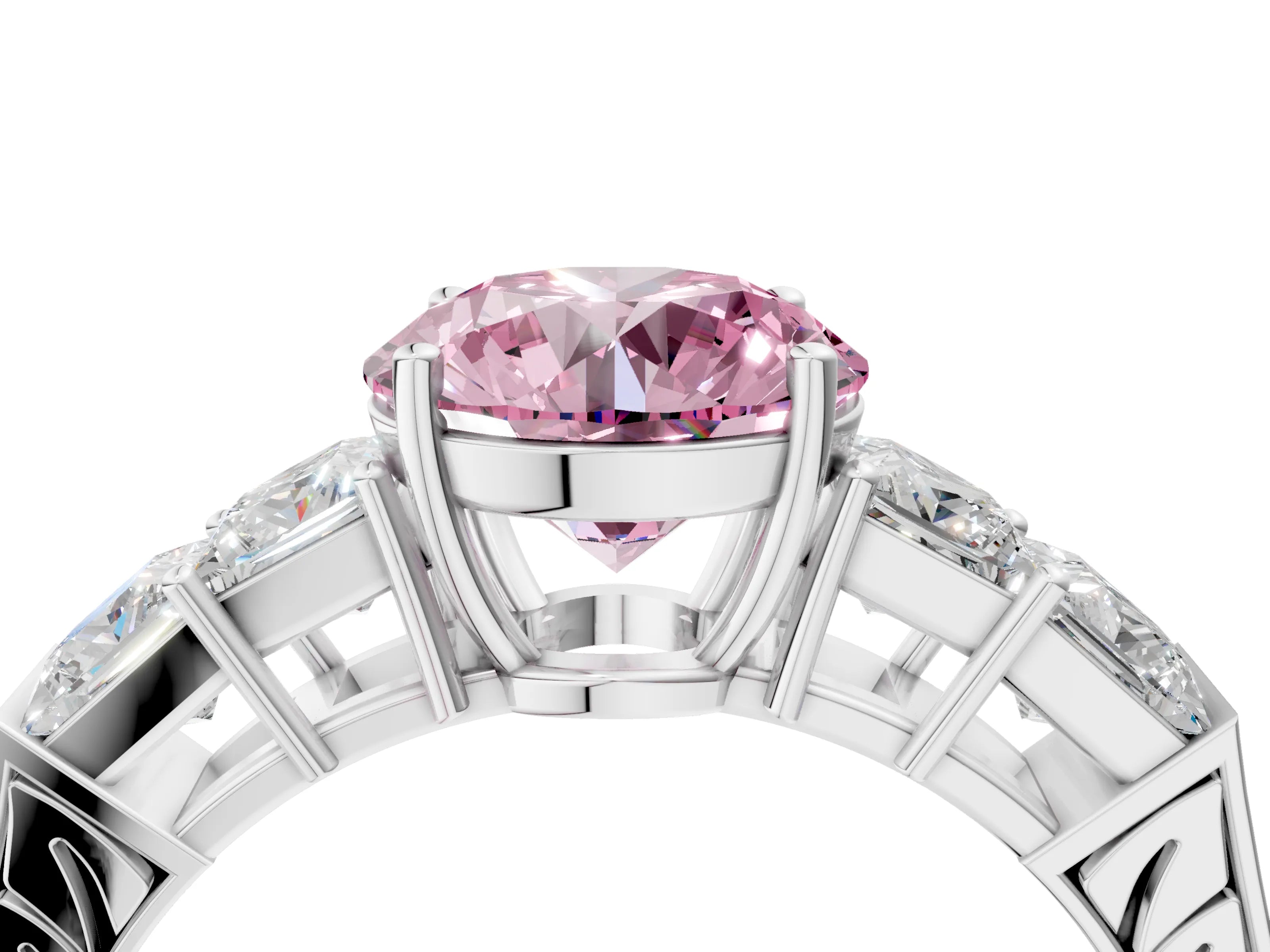 White gold Fancy Pink Round Cut Solitaire Princess Side Stone Engraved Band Prong Setting Ring_4