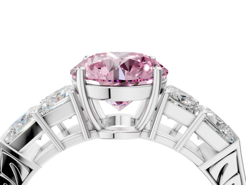 White gold Fancy Pink Round Cut Solitaire Princess Side Stone Engraved Band Prong Setting Ring_4