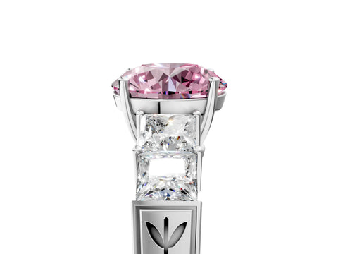 White gold Fancy Pink Round Cut Solitaire Princess Side Stone Engraved Band Prong Setting Ring_5