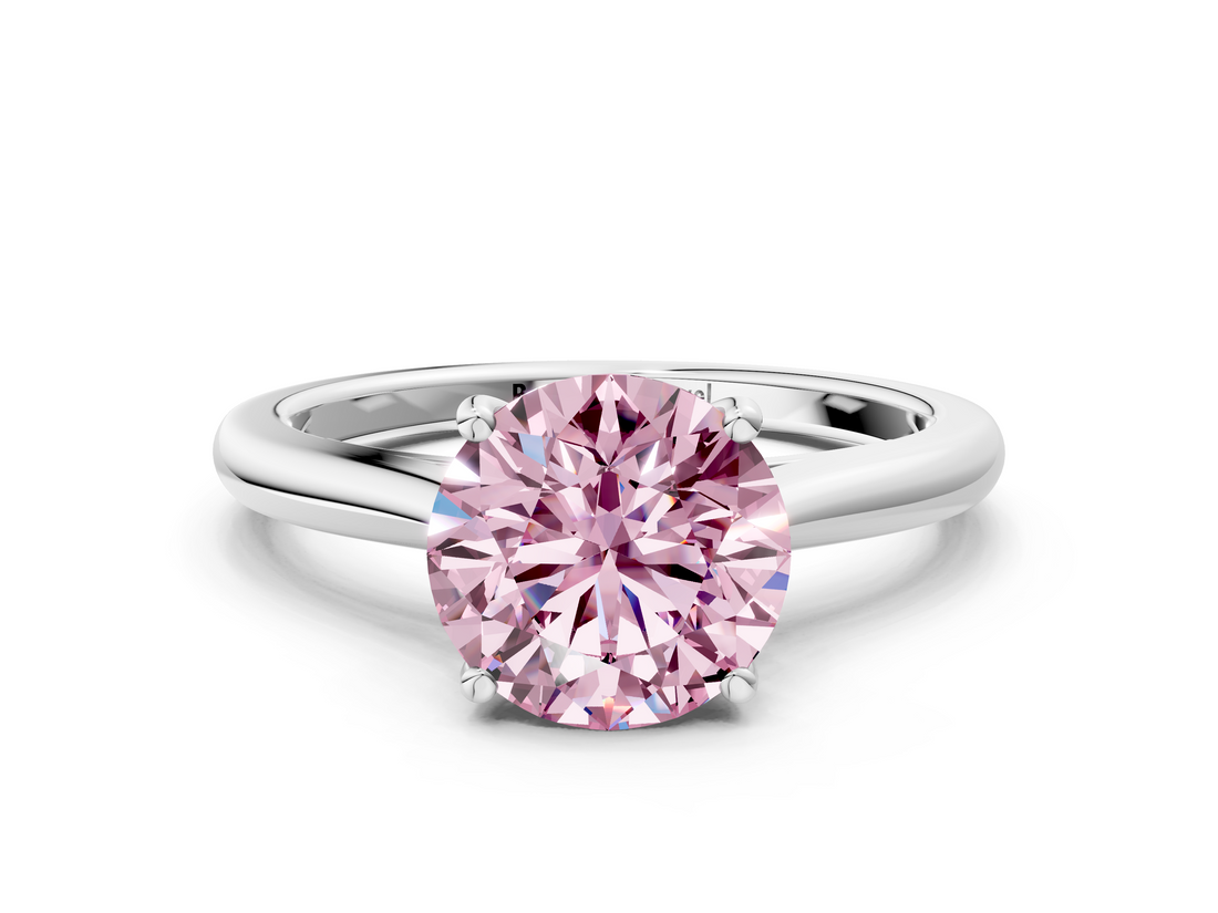 White gold Fancy Pink Round  Cut Solitaire Ring with Cathedral Band and Four-Prong Setting