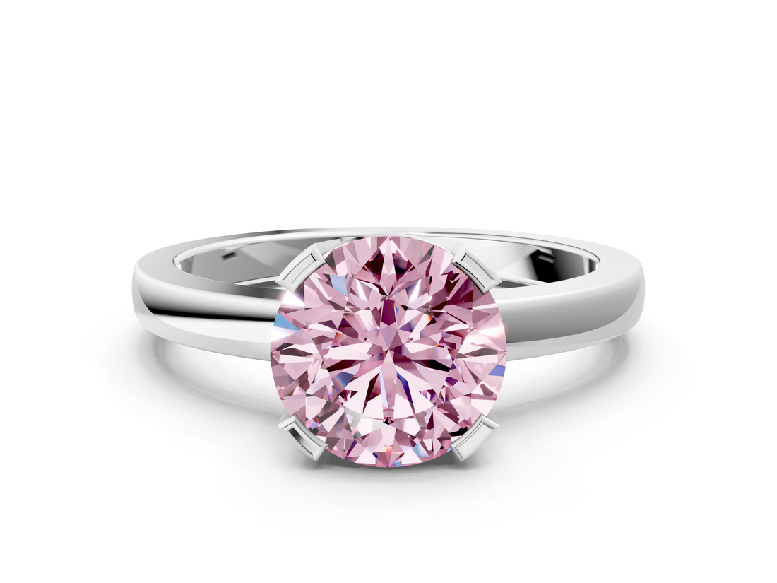 White gold Fancy Pink Round  Cut Solitaire Ring with Four-Prong Setting and Classic Band