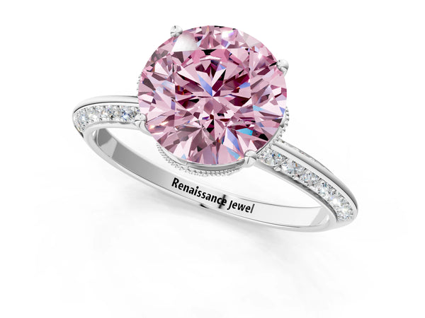 White Gold Round Graduated Pave Engagement Ring Setting for Fancy Pink Center